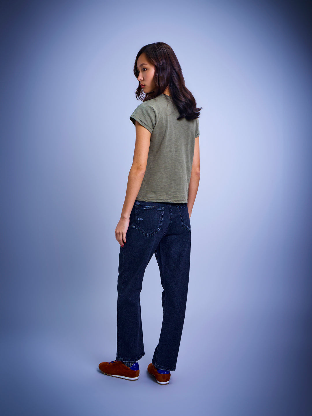 Distressed high-rise straight leg jeans