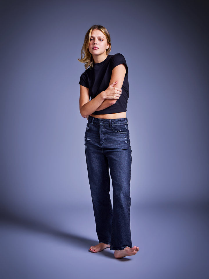 Distressed high-rise straight leg jeans