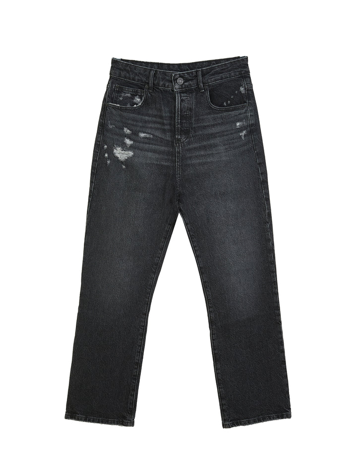 Distressed high-rise straight leg jeans
