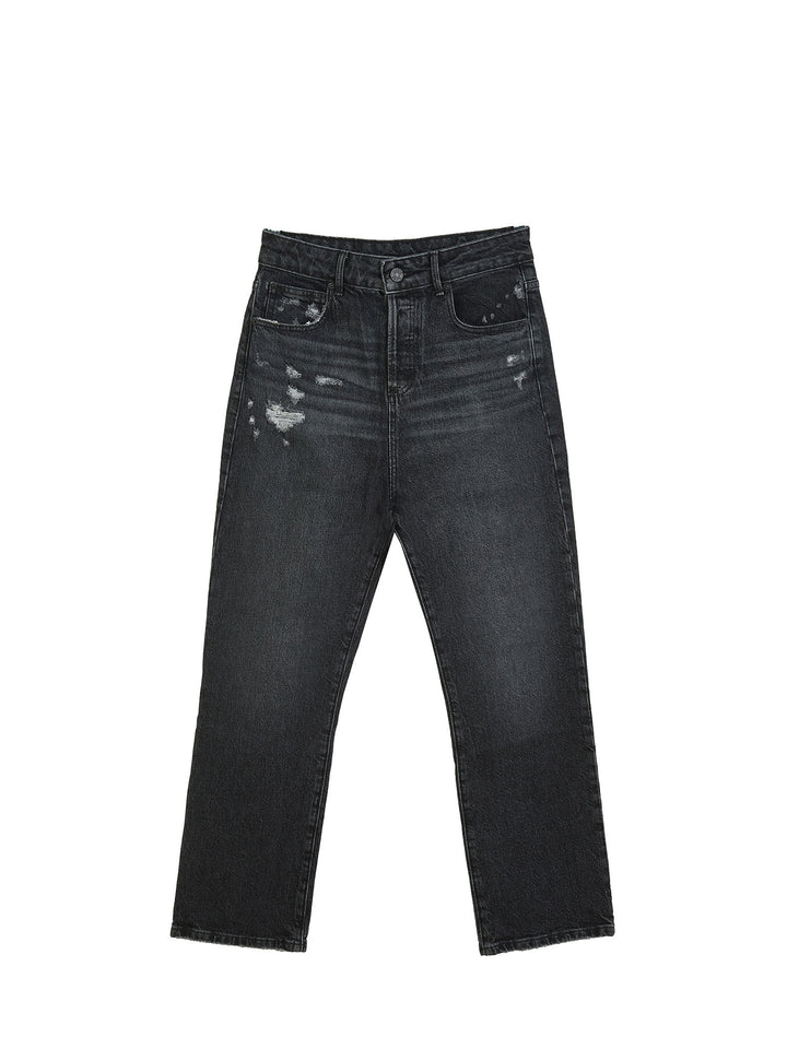 Distressed high-rise straight leg jeans