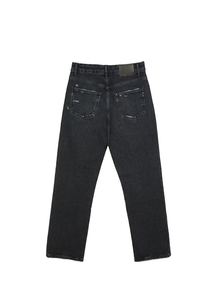 Distressed high-rise straight leg jeans