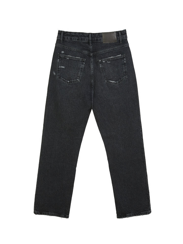 Distressed high-rise straight leg jeans