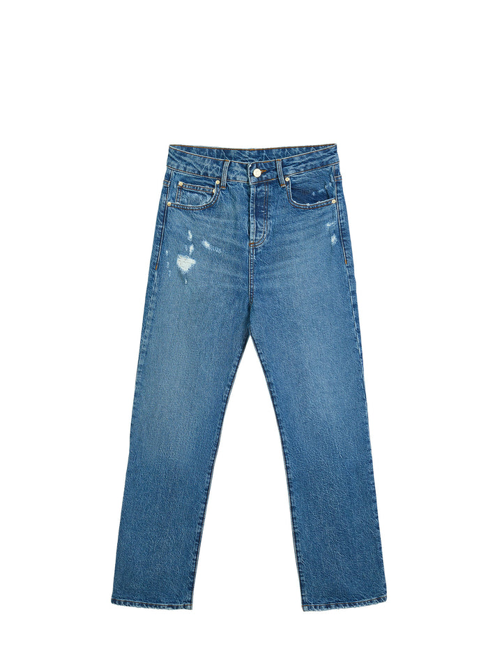 Distressed high-rise straight leg jeans