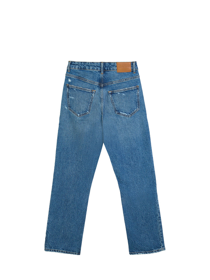 Distressed high-rise straight leg jeans