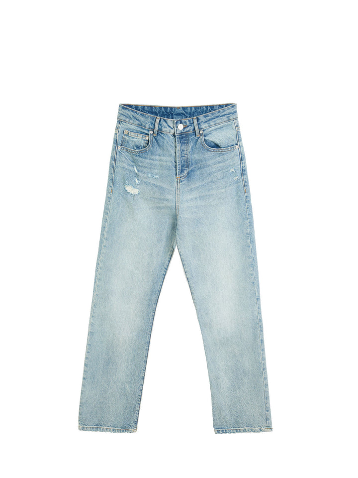 Distressed high-rise straight leg jeans