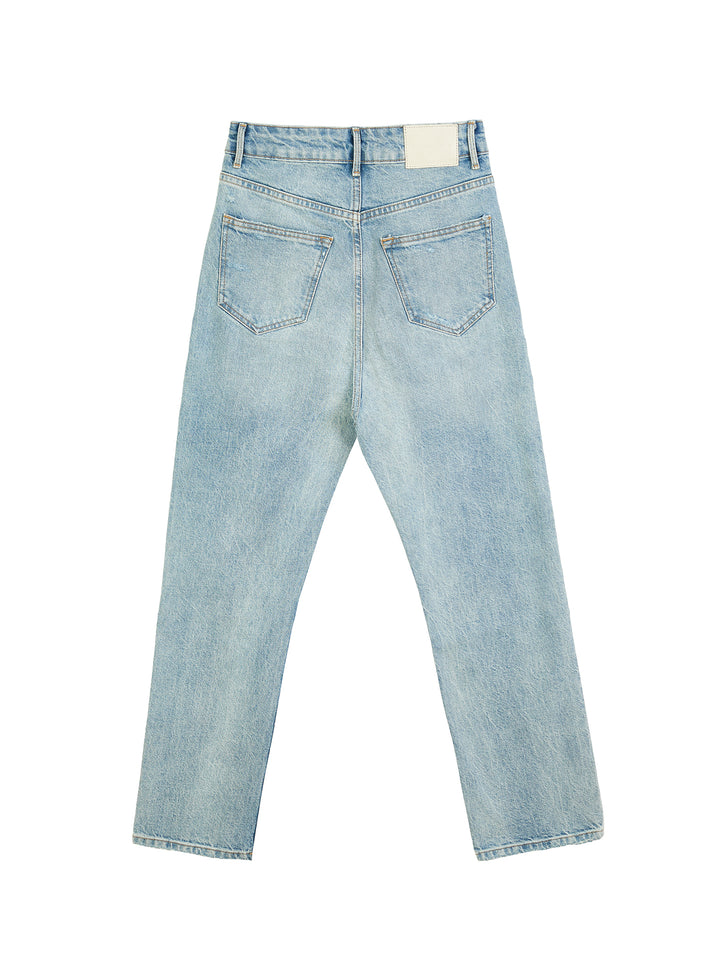 Distressed high-rise straight leg jeans