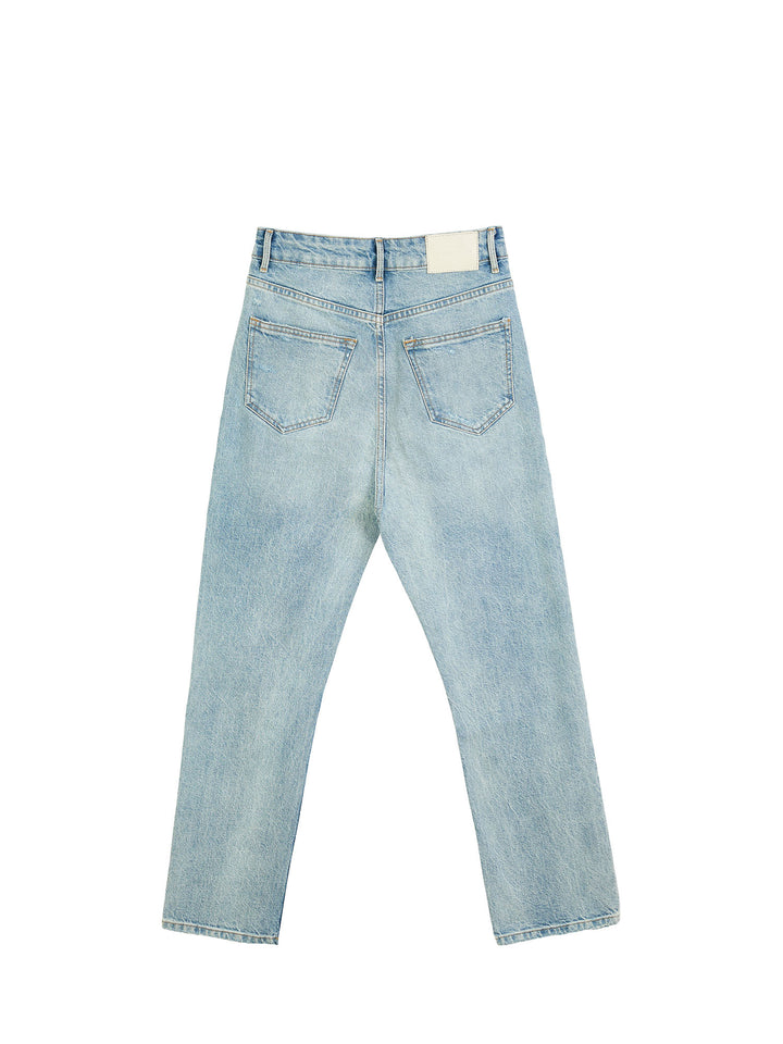 Distressed high-rise straight leg jeans